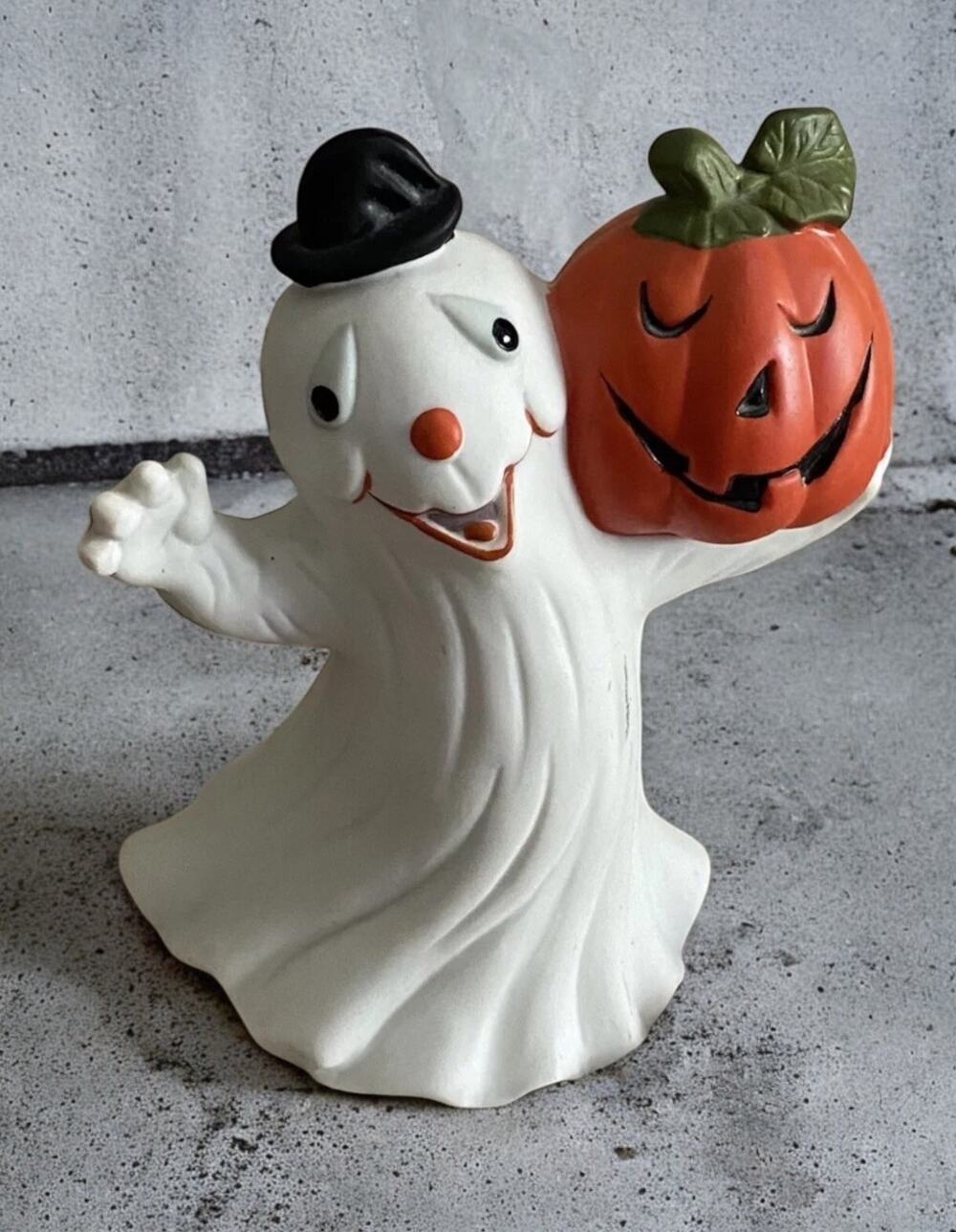 Vtg Ghost Figurine Halloween Top Hat Pumpkin Anthropomorphic Kitsch Ceramic 5”